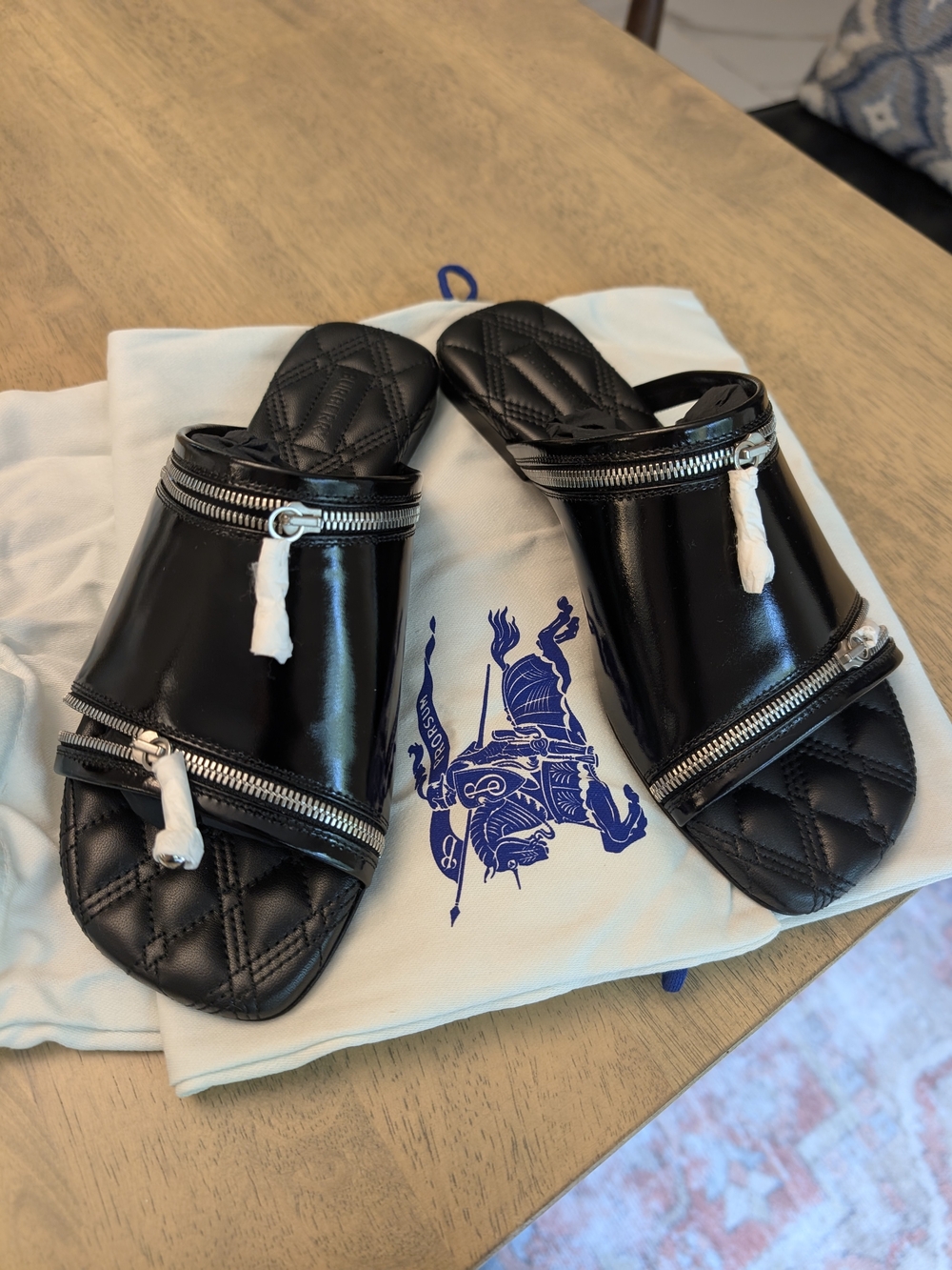 Burberry Black Patent Leather Slide Sandals with Zippers